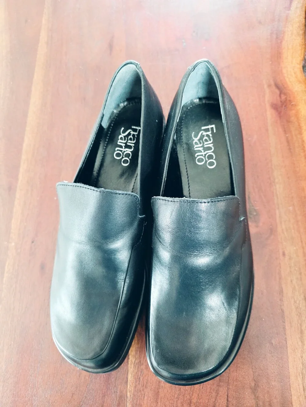 Franco Sarto Black Leather Loafers Slip On Comfort Flats Wide Size 7W